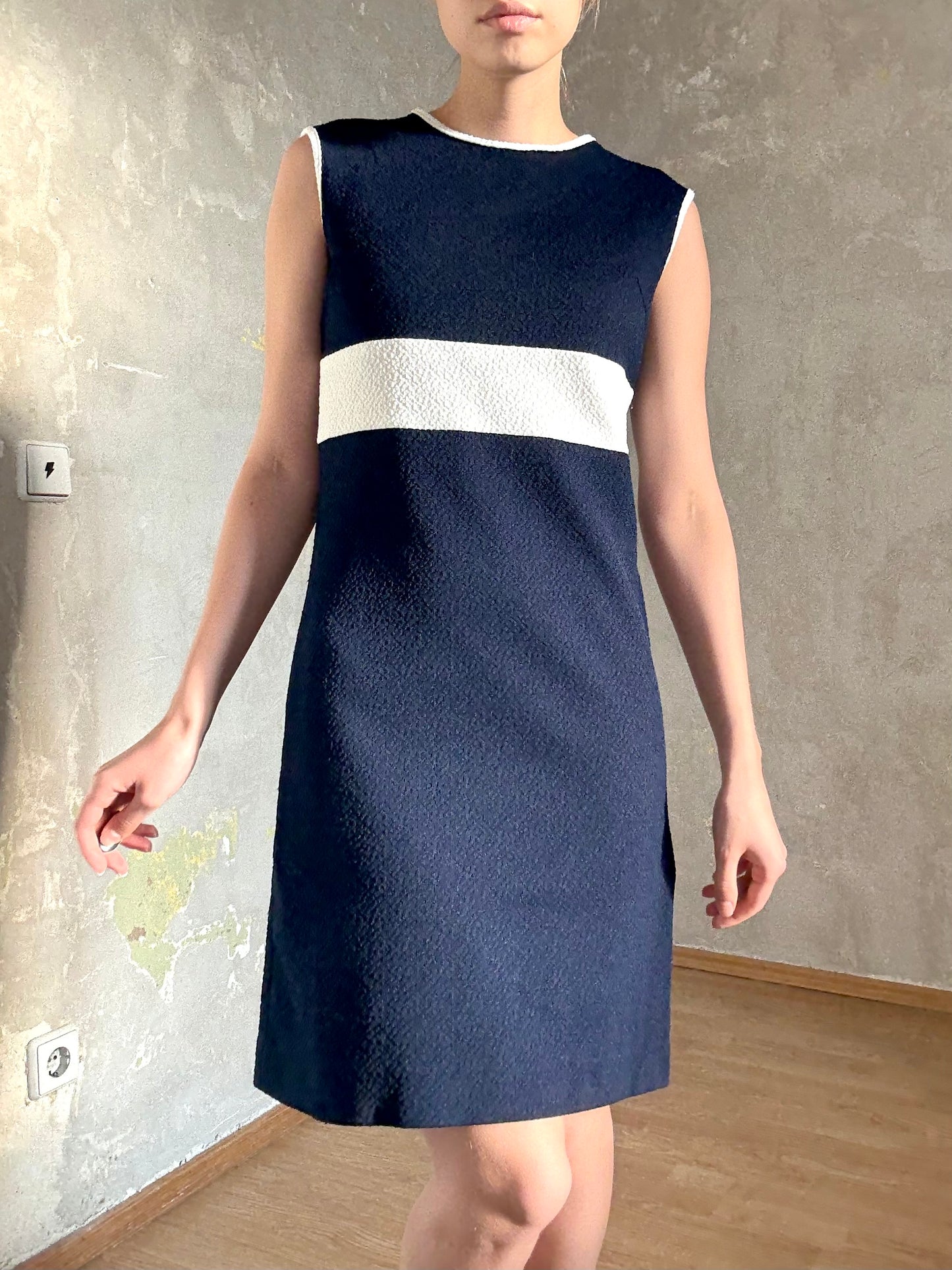 vintage 60s mod marine navy blue & white sleeveless mini dress