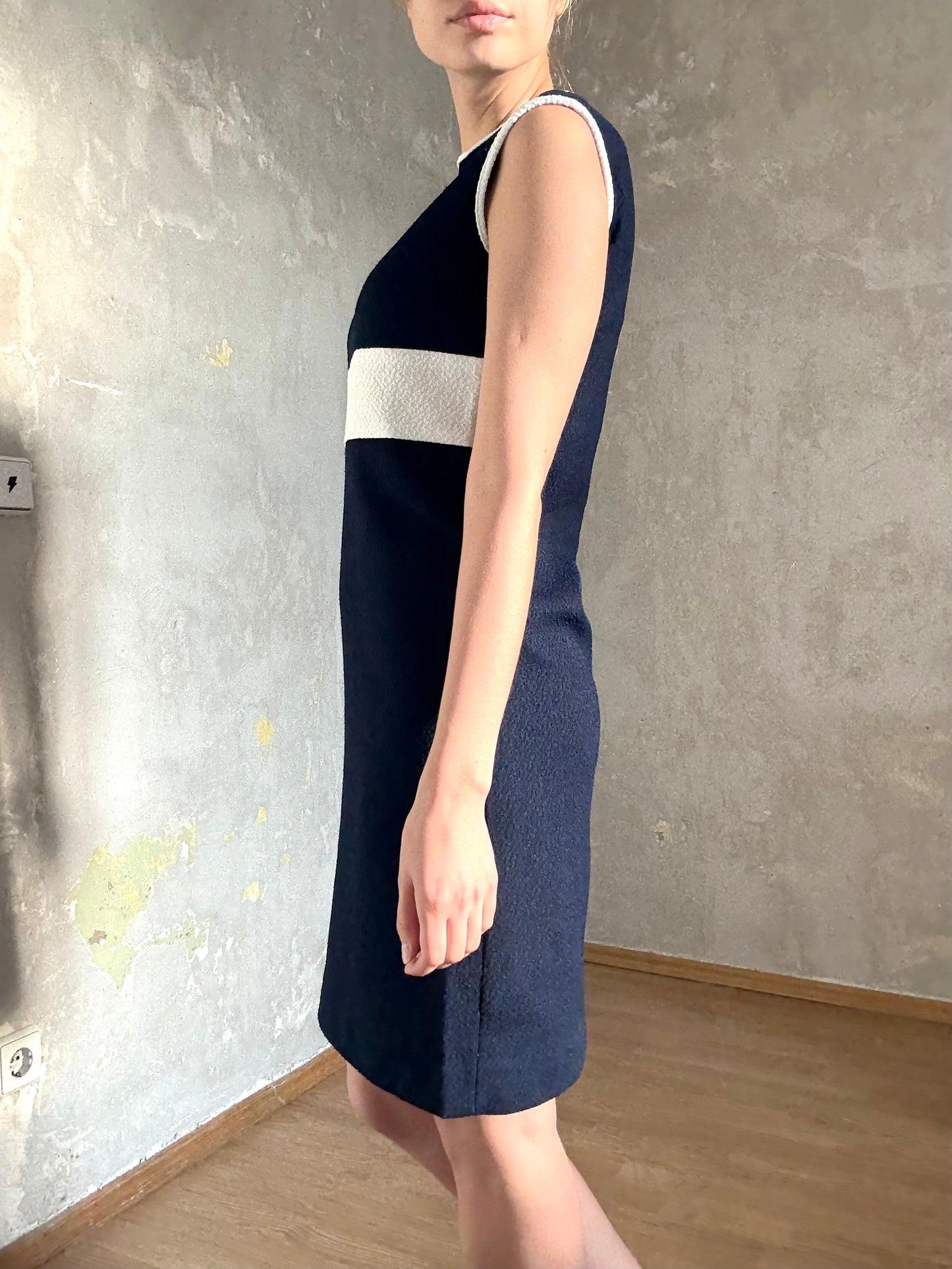 vintage 60s mod marine navy blue & white sleeveless mini dress