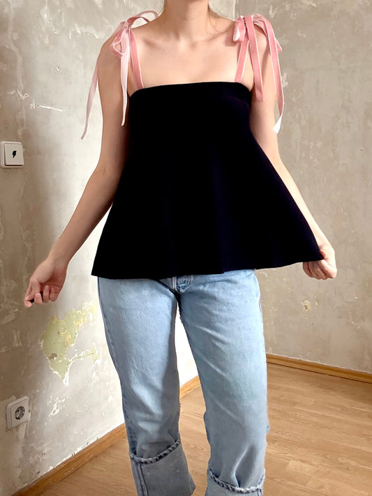 upcycled vintage y2k black knitted sleeveless top with velvet bow tie straps