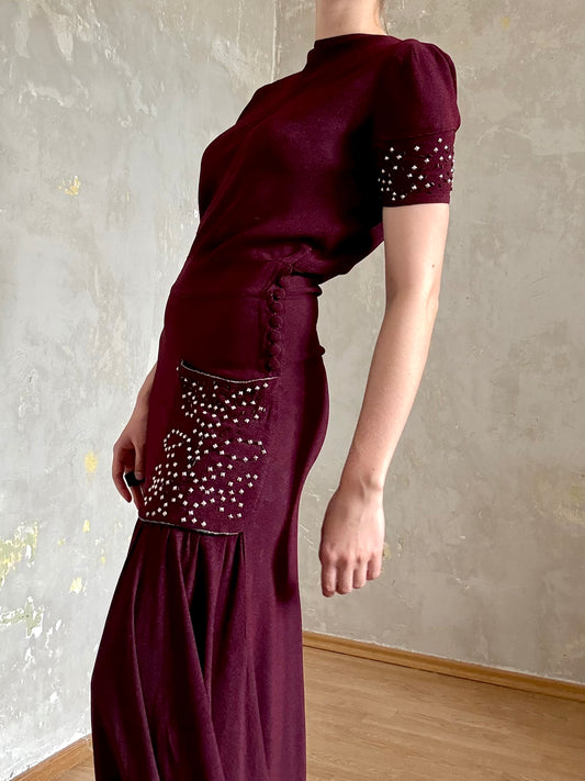 vintage 1930s handmade elegant burgundy beaded & studded back lacing evening maxi dress floor length gown