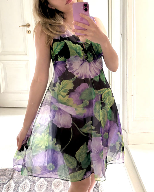 vintage 60s semi transparent sleeveless floral purple mini dress