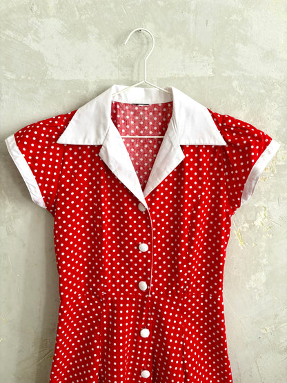 vintage 70s mod polka dot red & white short sleeve collared button down cotton summer mini dress